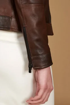 Donna D'Arienzo Giulia - Giacca biker in pelle naturale marrone effetto liscio