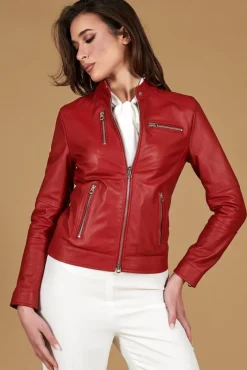 Donna D'Arienzo Giulia - Giacca biker in pelle rossa nappa effetto liscio