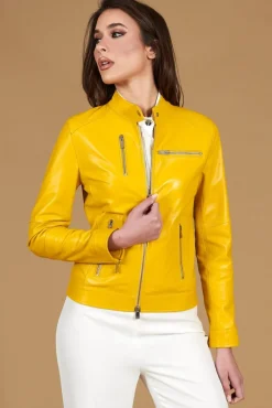 Donna D'Arienzo Giulia - Giacca biker in pelle naturale gialla effetto liscio