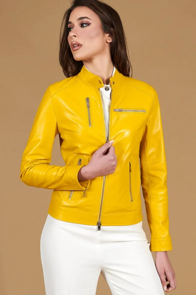 Donna D'Arienzo Giulia - Giacca biker in pelle naturale gialla effetto liscio
