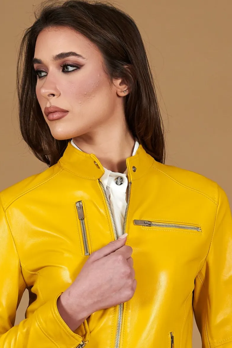 Donna D'Arienzo Giulia - Giacca biker in pelle naturale gialla effetto liscio