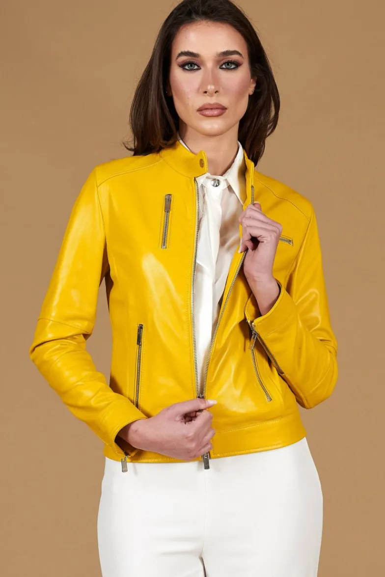 Donna D'Arienzo Giulia - Giacca biker in pelle naturale gialla effetto liscio