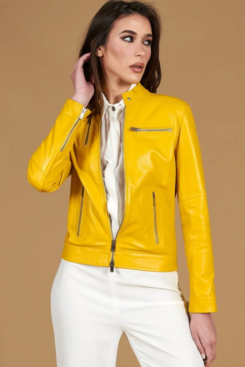 Donna D'Arienzo Giulia - Giacca biker in pelle naturale gialla effetto liscio