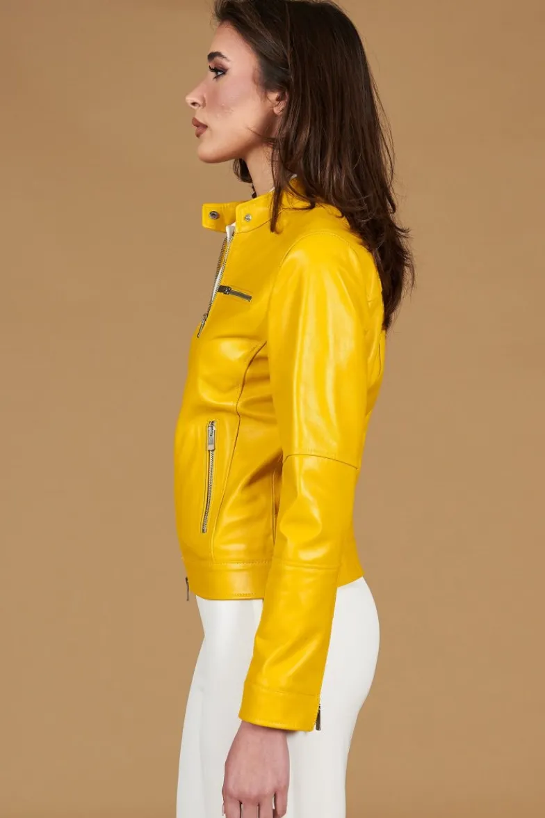 Donna D'Arienzo Giulia - Giacca biker in pelle naturale gialla effetto liscio