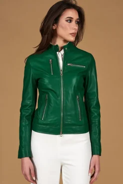 Donna D'Arienzo Giulia - Giacca biker in pelle naturale verde effetto liscio