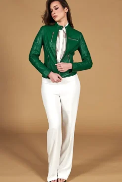 Donna D'Arienzo Giulia - Giacca biker in pelle naturale verde effetto liscio