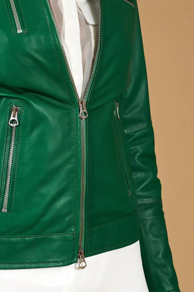 Donna D'Arienzo Giulia - Giacca biker in pelle naturale verde effetto liscio