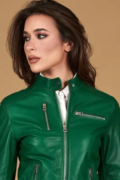 Donna D'Arienzo Giulia - Giacca biker in pelle naturale verde effetto liscio
