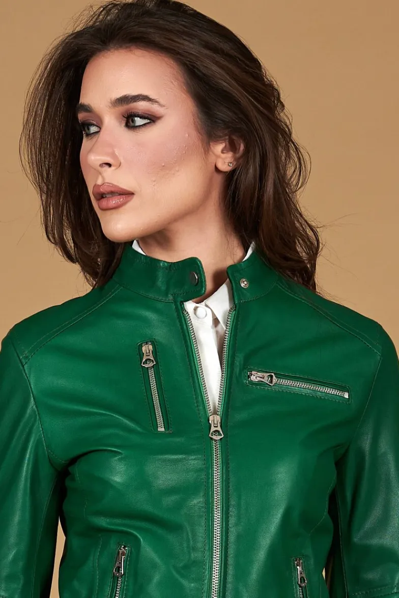 Donna D'Arienzo Giulia - Giacca biker in pelle naturale verde effetto liscio