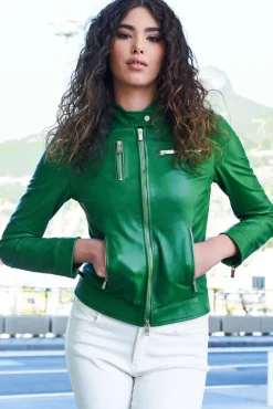 Donna D'Arienzo Giulia - Giacca biker in pelle naturale verde effetto liscio
