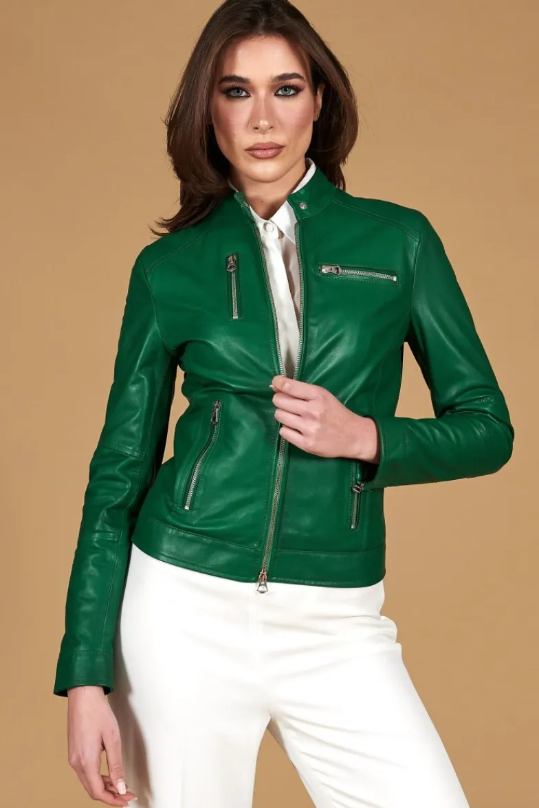 Donna D'Arienzo Giulia - Giacca biker in pelle naturale verde effetto liscio
