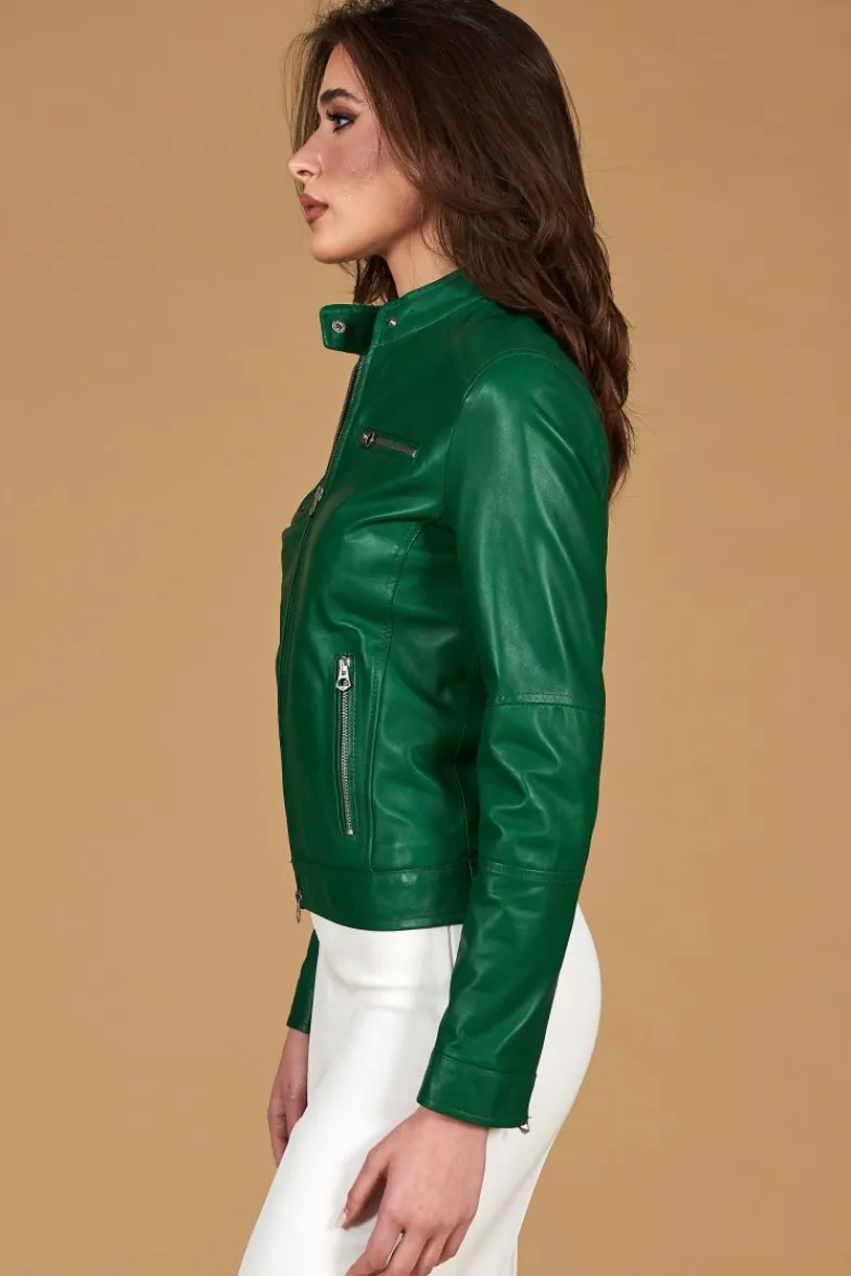 Donna D'Arienzo Giulia - Giacca biker in pelle naturale verde effetto liscio