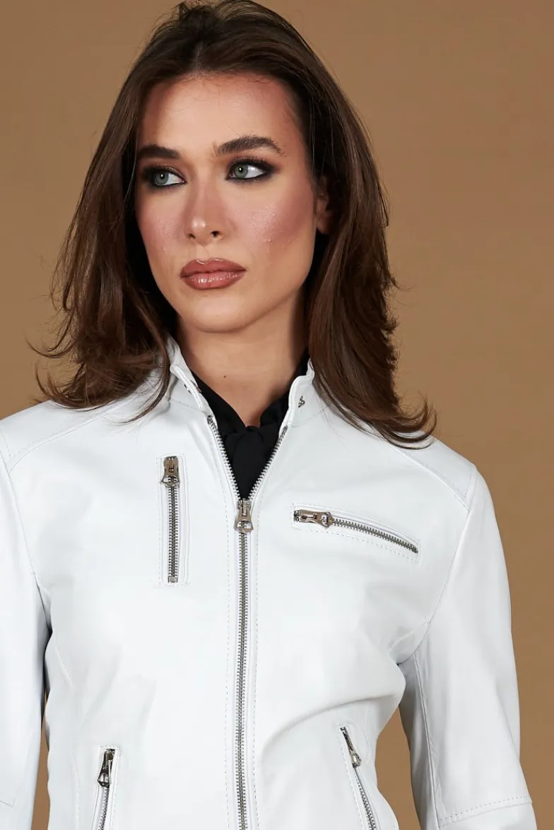 Donna D'Arienzo Giulia - Giacca biker in pelle bianca nappa effetto liscio