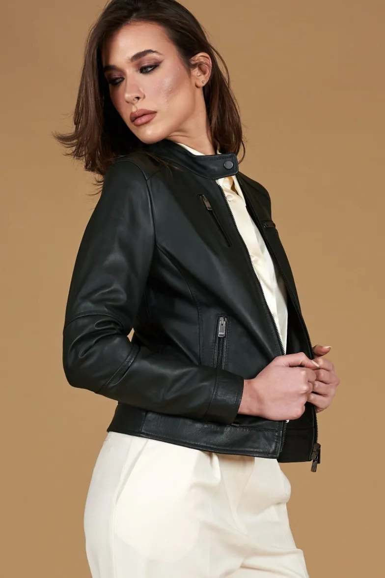 Donna D'Arienzo Giulia - Giacca biker in pelle naturale verde effetto liscio