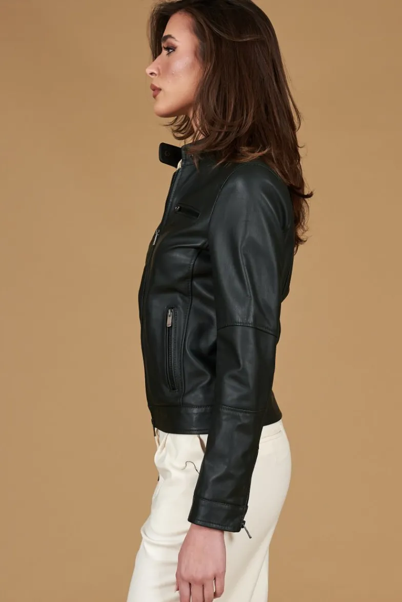 Donna D'Arienzo Giulia - Giacca biker in pelle naturale verde effetto liscio