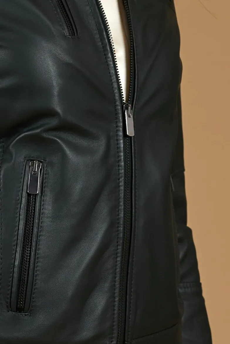Donna D'Arienzo Giulia - Giacca biker in pelle naturale verde effetto liscio