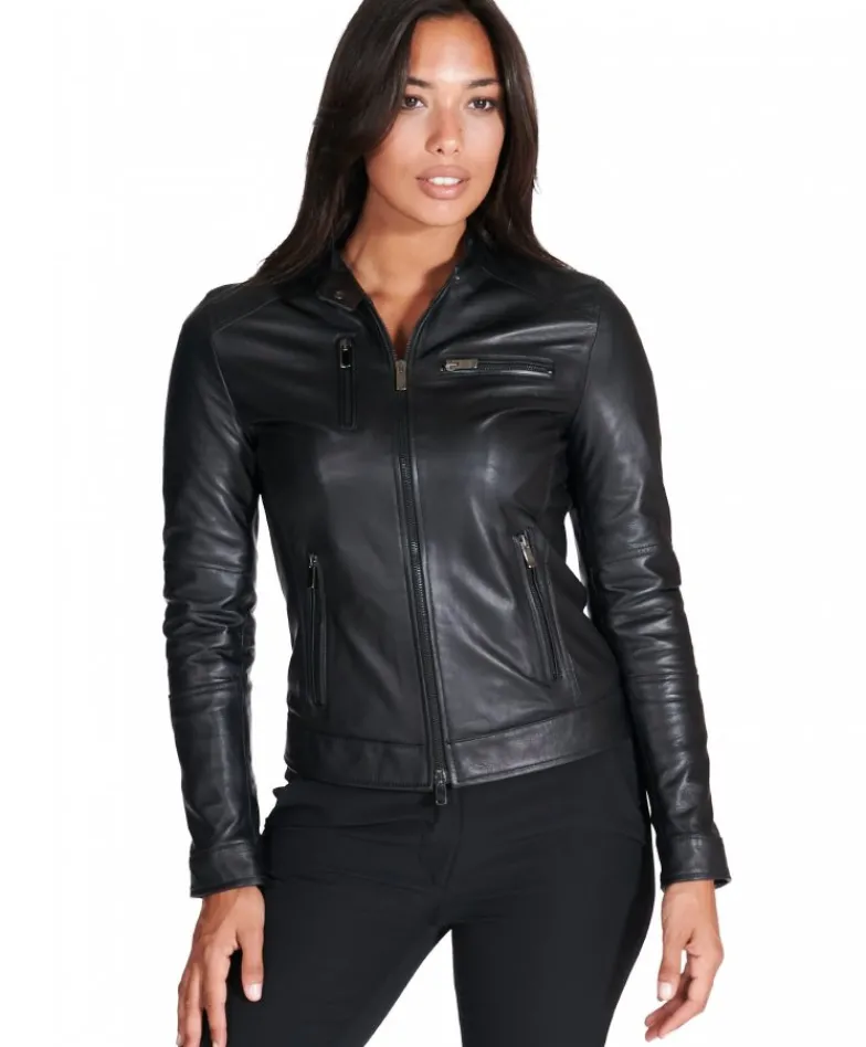 Donna D'Arienzo Giulia - Giacca biker in pelle nera nappa effetto liscio