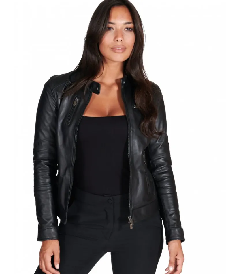 Donna D'Arienzo Giulia - Giacca biker in pelle nera nappa effetto liscio