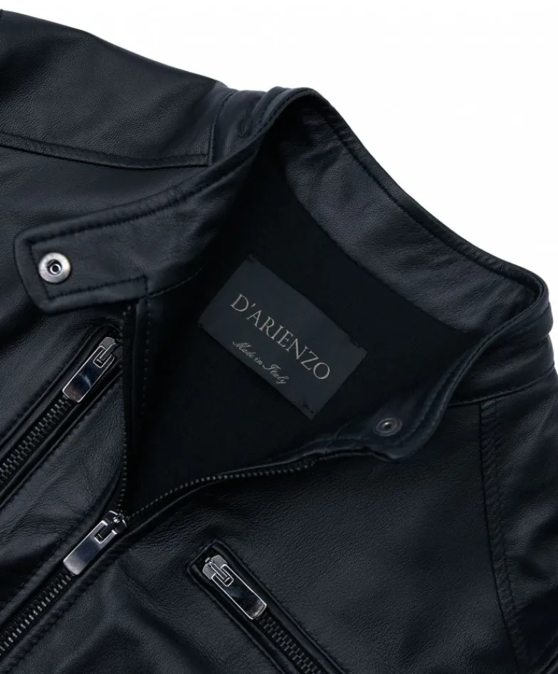 Donna D'Arienzo Giulia - Giacca biker in pelle nera nappa effetto liscio