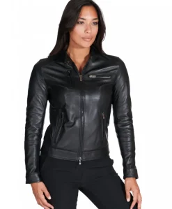 Donna D'Arienzo Giulia - Giacca biker in pelle nera nappa effetto liscio