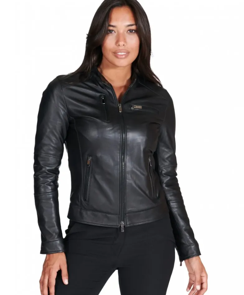 Donna D'Arienzo Giulia - Giacca biker in pelle nera nappa effetto liscio