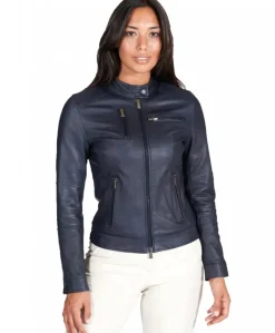 Donna D'Arienzo Giulia - Giacca biker in pelle naturale blu effetto liscio