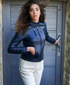 Donna D'Arienzo Giulia - Giacca biker in pelle naturale blu effetto liscio