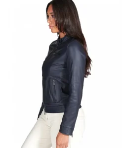 Donna D'Arienzo Giulia - Giacca biker in pelle naturale blu effetto liscio