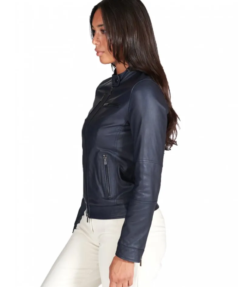 Donna D'Arienzo Giulia - Giacca biker in pelle naturale blu effetto liscio