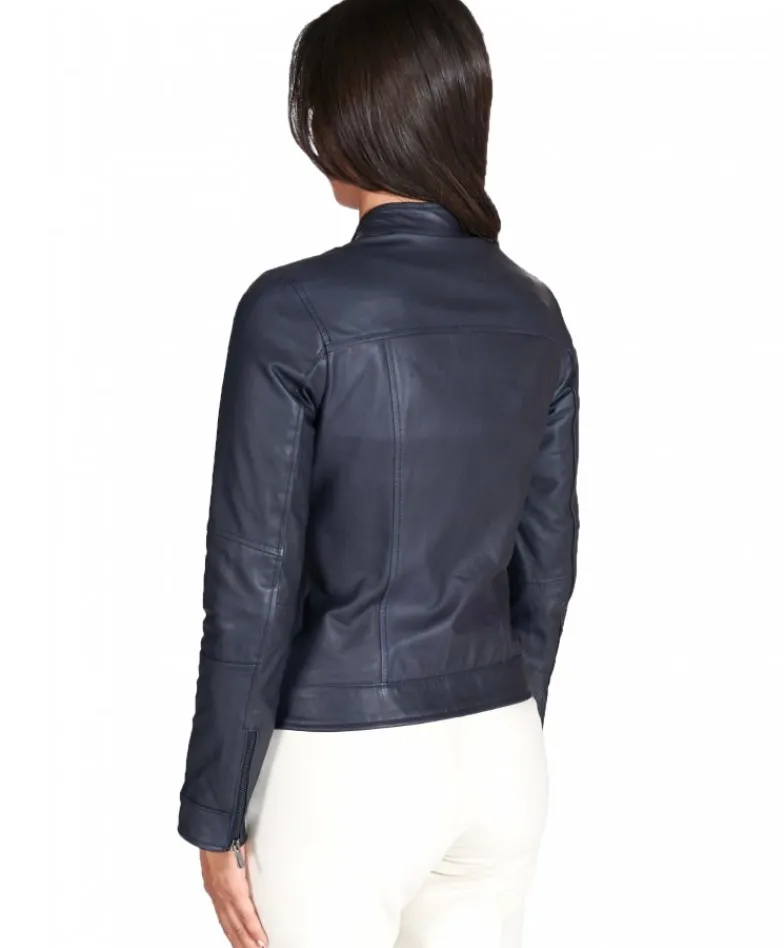 Donna D'Arienzo Giulia - Giacca biker in pelle naturale blu effetto liscio