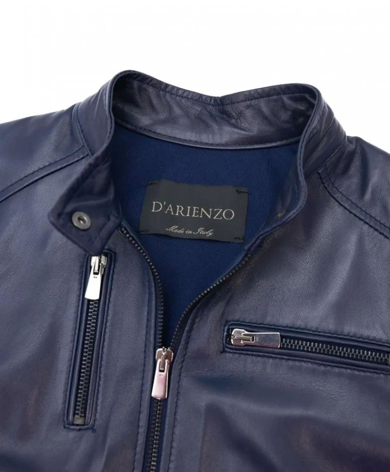 Donna D'Arienzo Giulia - Giacca biker in pelle naturale blu effetto liscio