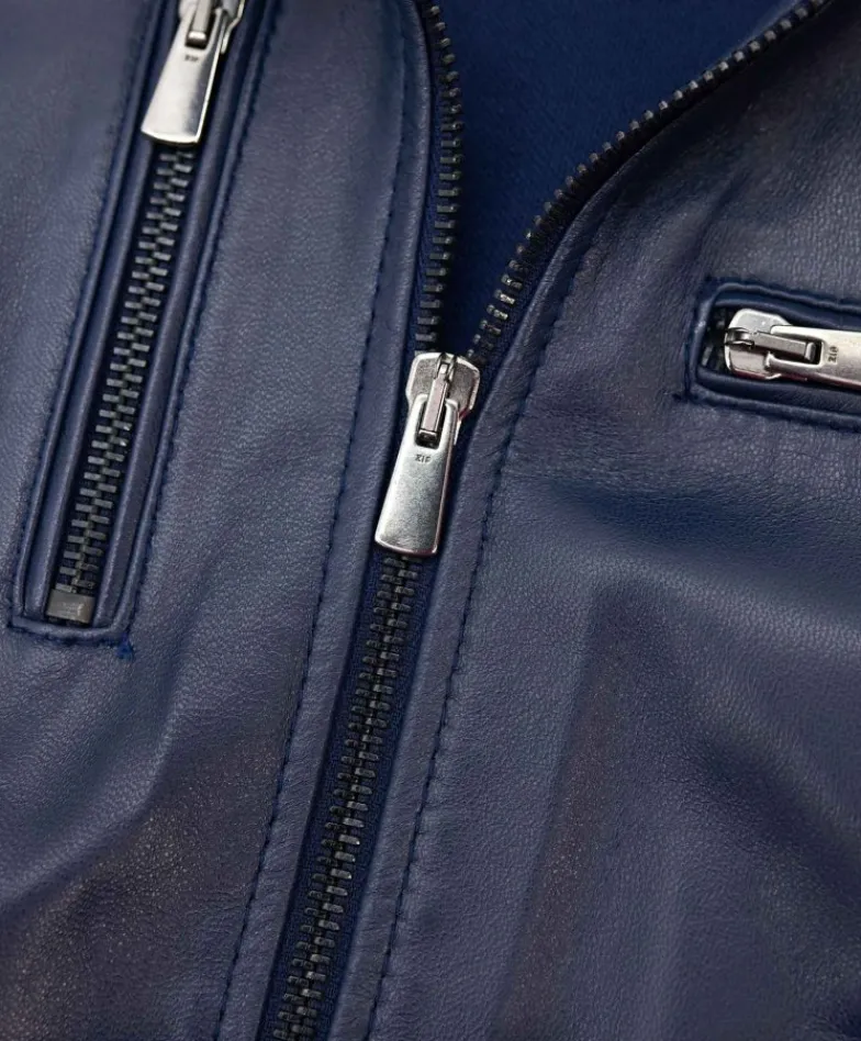 Donna D'Arienzo Giulia - Giacca biker in pelle naturale blu effetto liscio