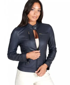 Donna D'Arienzo Giulia - Giacca biker in pelle naturale blu effetto liscio