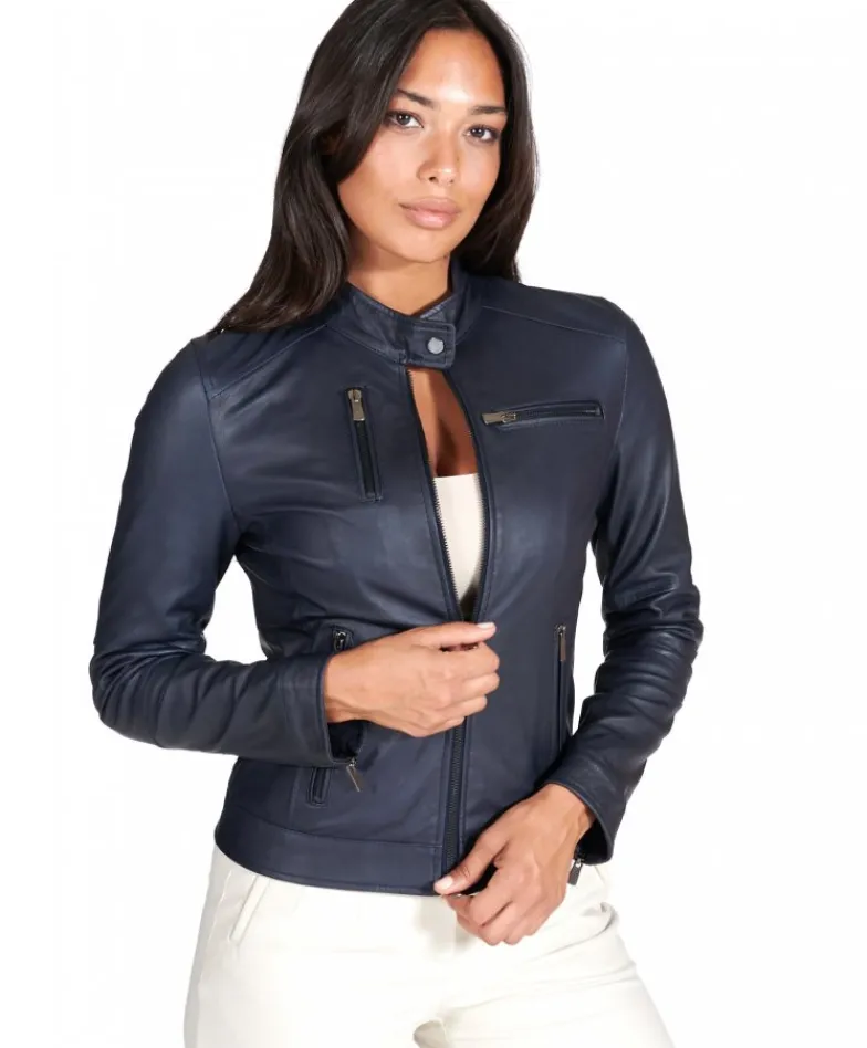 Donna D'Arienzo Giulia - Giacca biker in pelle naturale blu effetto liscio