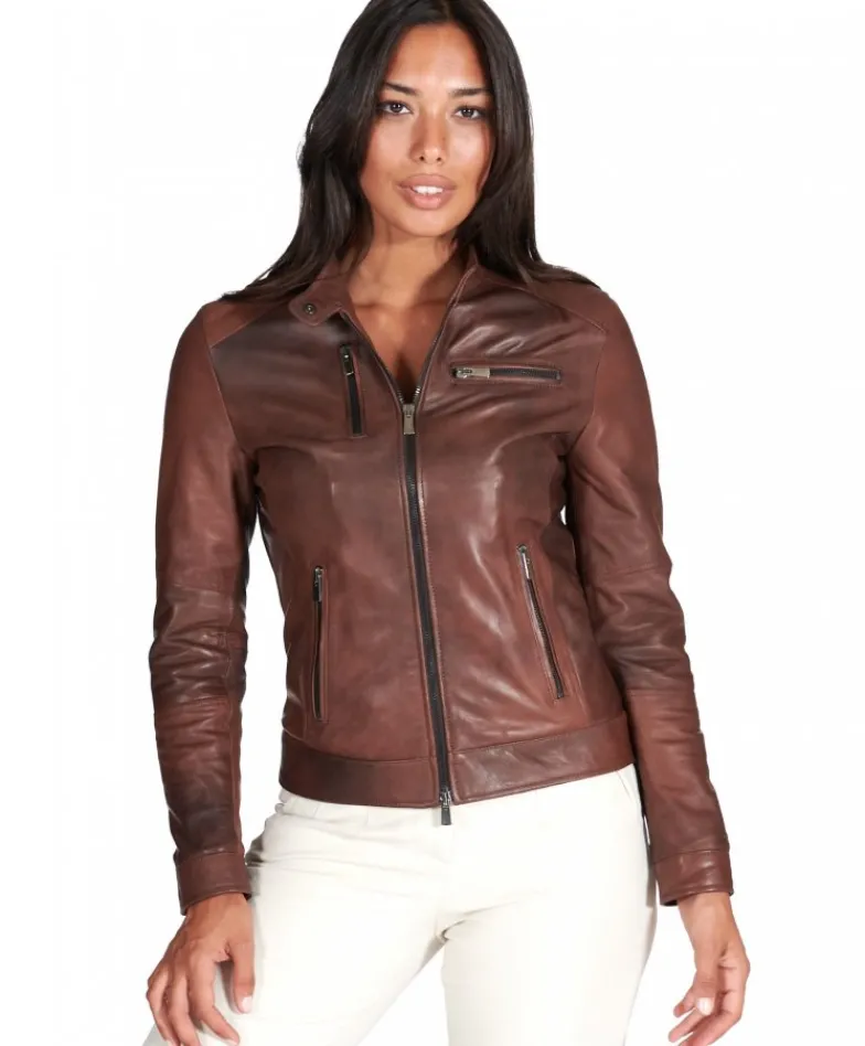 Donna D'Arienzo Giulia - Giacca biker in pelle naturale marrone effetto liscio