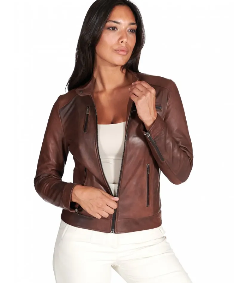 Donna D'Arienzo Giulia - Giacca biker in pelle naturale marrone effetto liscio