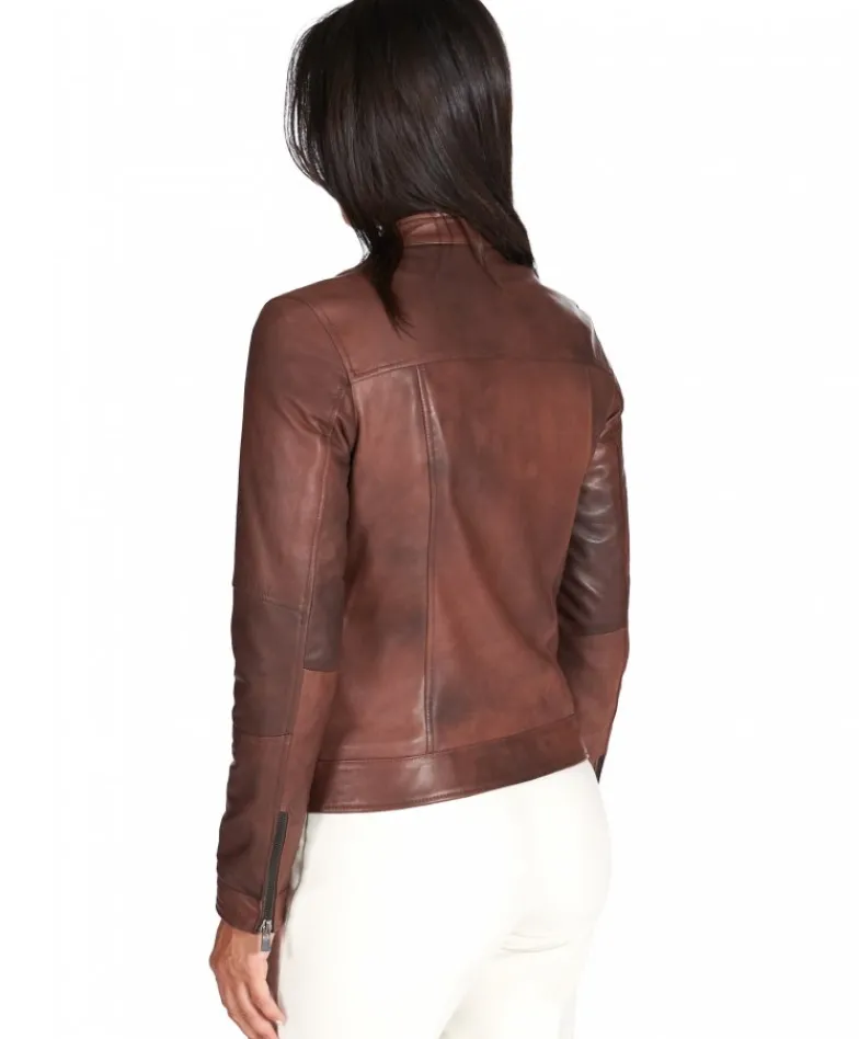 Donna D'Arienzo Giulia - Giacca biker in pelle naturale marrone effetto liscio
