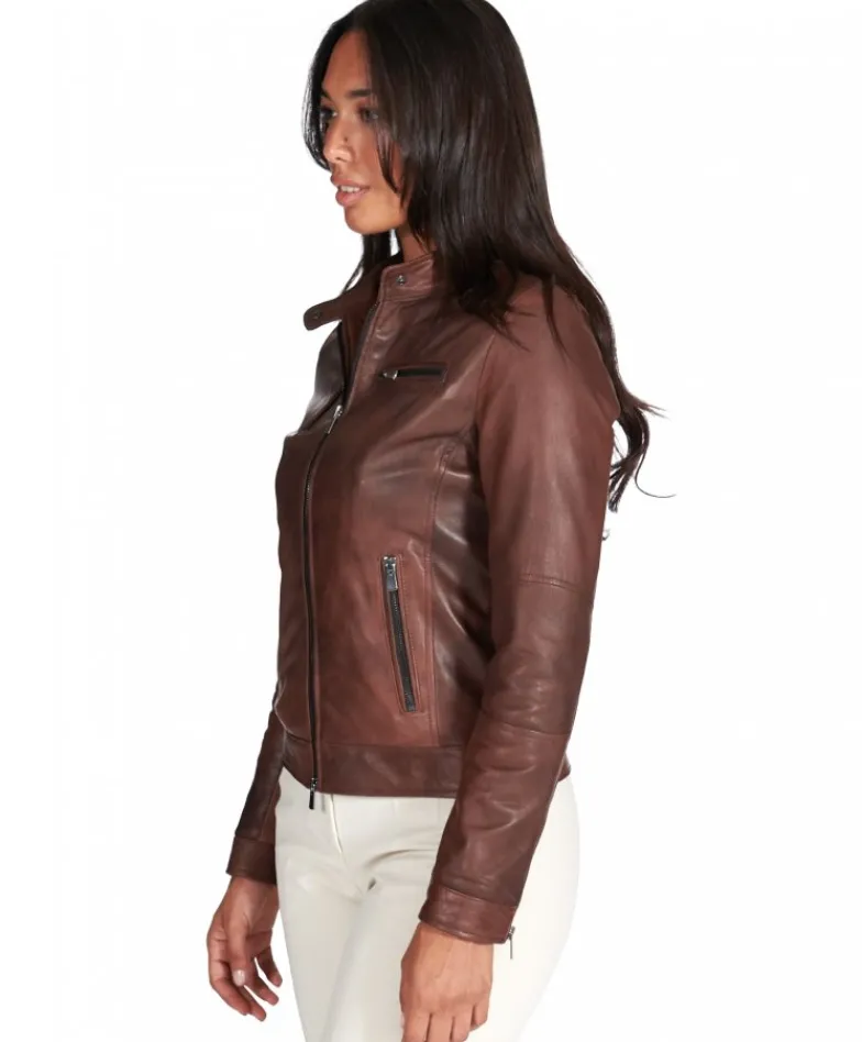 Donna D'Arienzo Giulia - Giacca biker in pelle naturale marrone effetto liscio