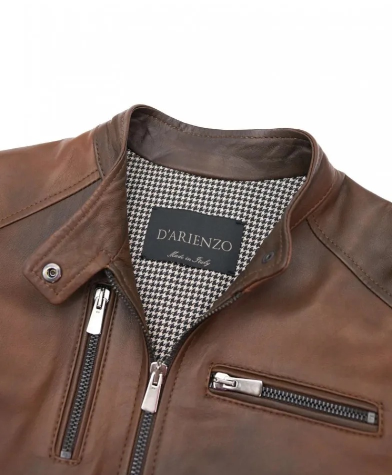 Donna D'Arienzo Giulia - Giacca biker in pelle naturale marrone effetto liscio