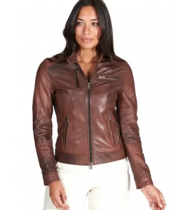 Donna D'Arienzo Giulia - Giacca biker in pelle naturale marrone effetto liscio
