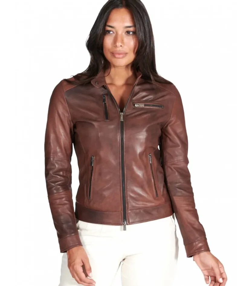 Donna D'Arienzo Giulia - Giacca biker in pelle naturale marrone effetto liscio