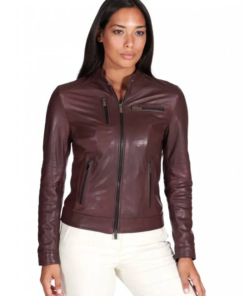 Donna D'Arienzo Giulia - Giacca biker in pelle naturale bordeaux effetto liscio
