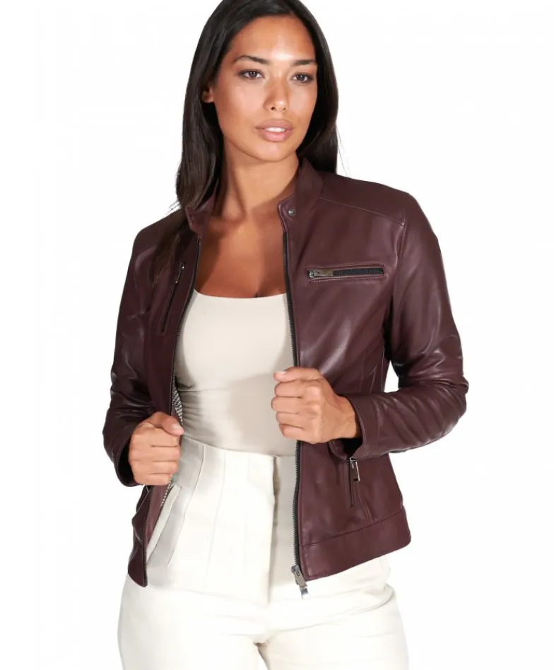 Donna D'Arienzo Giulia - Giacca biker in pelle naturale bordeaux effetto liscio
