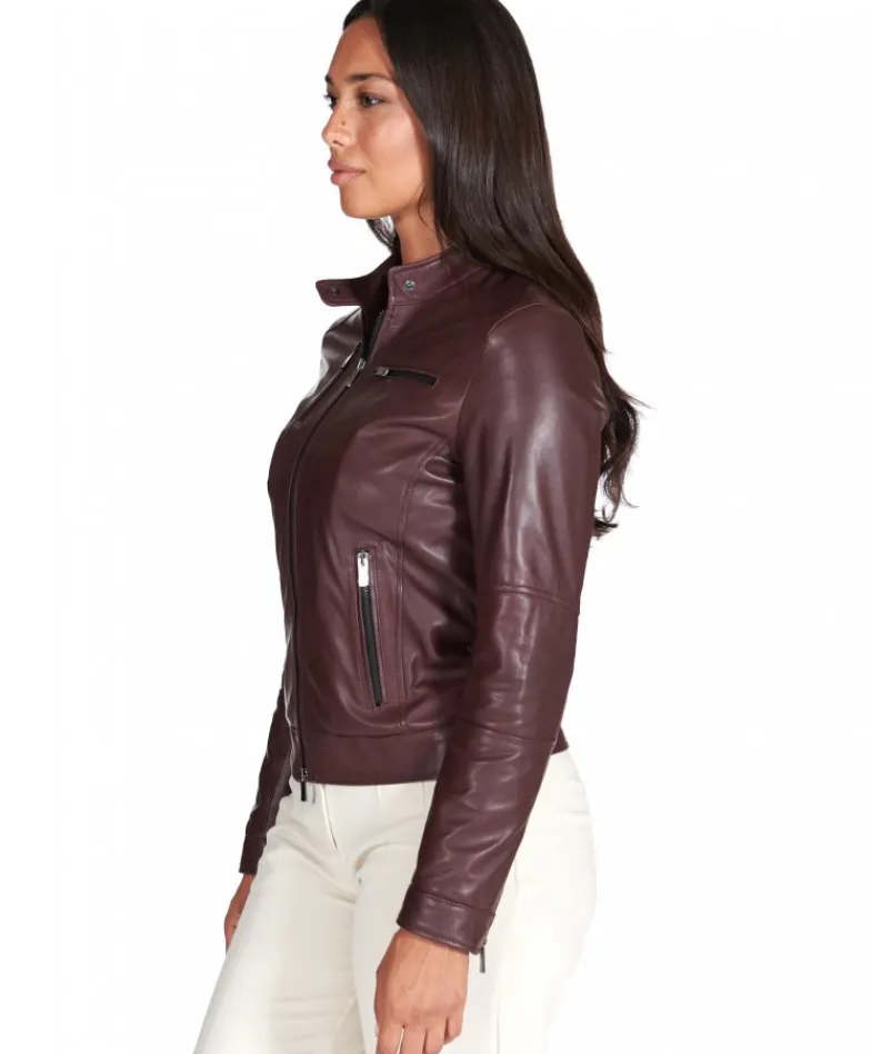 Donna D'Arienzo Giulia - Giacca biker in pelle naturale bordeaux effetto liscio
