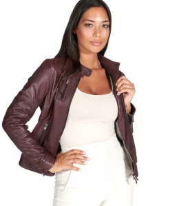 Donna D'Arienzo Giulia - Giacca biker in pelle naturale bordeaux effetto liscio