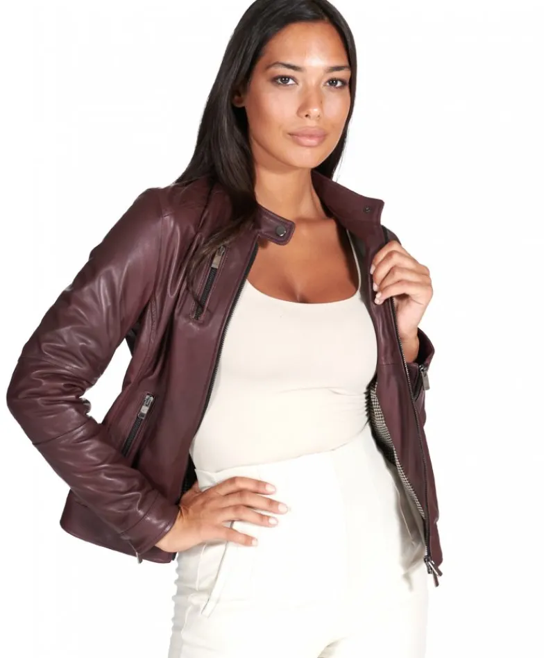 Donna D'Arienzo Giulia - Giacca biker in pelle naturale bordeaux effetto liscio
