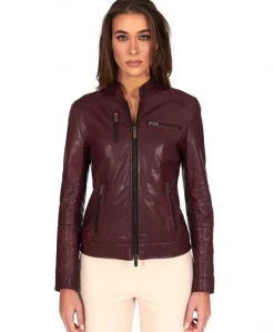 Donna D'Arienzo Giulia - Giacca biker in pelle vegetale colore vinaccio effetto vintage