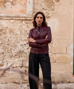 Donna D'Arienzo Giulia - Giacca biker in pelle vegetale colore vinaccio effetto vintage