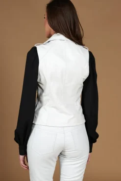 Donna D'Arienzo Grace - Chiodo smanicato biker in pelle bianca nappa effetto liscio