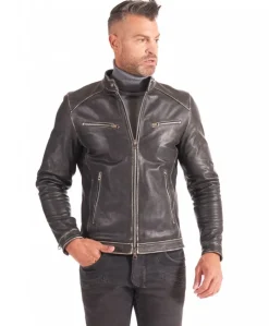 Uomo D'Arienzo Hamilton - Giacca biker in pelle nera vintage effetto invecchiato